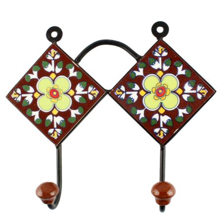 Ceramic Floarl Tile Hook in Brown